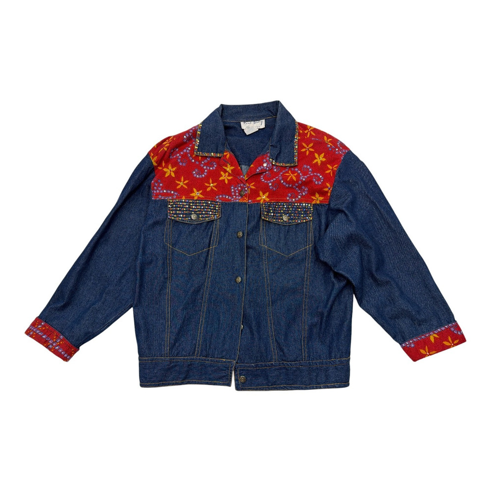 VTG Rene Derby Womens Button Up Jacket Small Sequin Denim Embroidered Floral